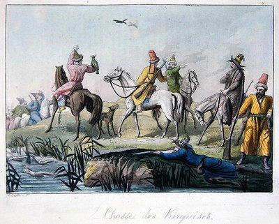 Cacciatori kirghisi che sparano e cacciano con i falchi, illustrazione da 