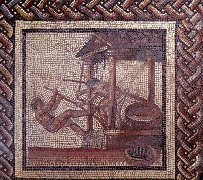 Arte gallo-romana: pavimentazione a mosaico che rappresenta un calendario rustico. Una pressa per olio. Fine II, inizio III secolo d.C. Da Saint-Romain-en-Gal (Rodano). Saint Germain en Laye, Museo Nazionale di Archeologia da Gallo Roman