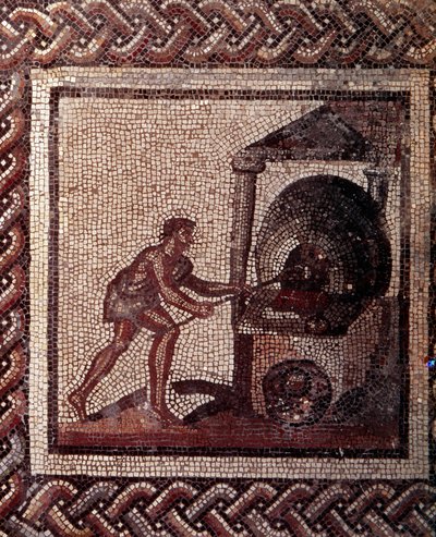 Arte gallo-romana: pavimentazione a mosaico che rappresenta un calendario rustico. Scena di panificazione. Fine II, inizio III secolo d.C. Da Saint-Romain-en-Gal. Saint Germain en Laye, Museo Nazionale di Archeologia da Gallo Roman