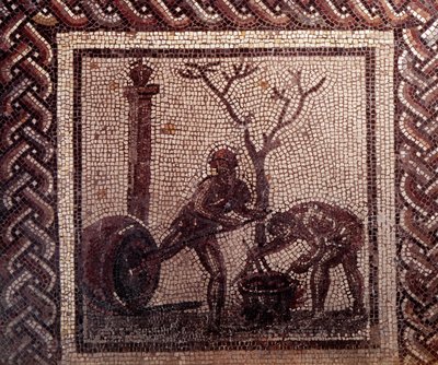 Arte gallo-romana: pavimentazione a mosaico rappresentante un calendario rustico. Scena di giara. Fine II, inizio III secolo d.C. da Gallo Roman
