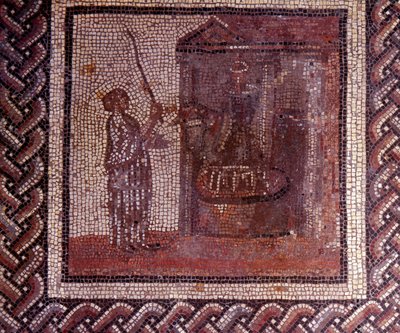 Arte Gallo-Romana: pavimentazione a mosaico che rappresenta un calendario rustico. Il lavoro con la mola. Fine II, inizio III secolo d.C. Da Saint-Romain-en-Gal (Rhone). Saint Germain en Laye, Museo Nazionale di Archeologia da Gallo Roman
