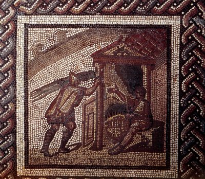 Arte Gallo-Romana: pavimentazione a mosaico che rappresenta un calendario rustico. Lavoro di intreccio e tessitura di cesti. Fine II, inizio III secolo d.C. Da Saint-Romain-en-Gal (Rhone). Saint Germain en Laye, Museo Nazionale di Archeologia da Gallo Roman