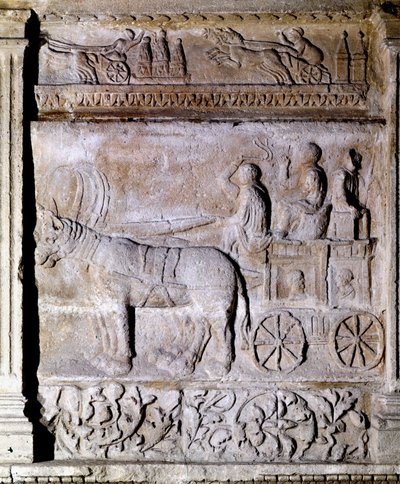 Bassorilievo del periodo gallo-romano che raffigura un carro trainato da cavalli, con passeggeri. Avignone, Museo Calvet da Gallo Roman Gallo Roman