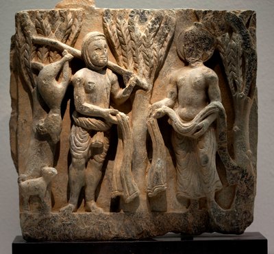 Scambio di vestiti con un cacciatore. Bassorilievo scolpito, arte del Gandhara (Pakistan), II-III secolo. Museo Nazionale della Corea, Seoul (Corea del Sud) da Gandhara School