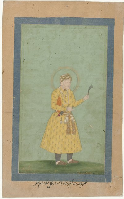 Ritratto di Akbar, in piedi, con piuma in mano da Gangaram (attributed to)