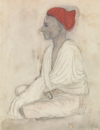 Uomo con un Turbante Rosso Seduto a Gambe Incrociate da Gangaram Chintaman Tambat