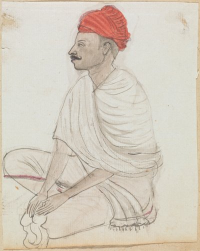 Uomo con turbante rosso seduto a gambe incrociate da Gangaram Chintaman Tambat