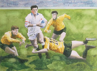 Partita di rugby: Inghilterra contro Australia nella finale della Coppa del Mondo, 1991, Will Carling placcato da Gareth Lloyd Ball