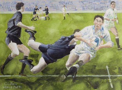 Partita di rugby: Inghilterra contro Nuova Zelanda nella Coppa del Mondo, 1991, Rory Underwood placcato da Gareth Lloyd Ball