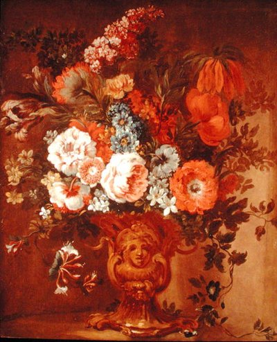 Rose, papaveri, caprifoglio, stock e altri fiori in un vaso scolpito da Gaspar Peeter The Elder Verbruggen