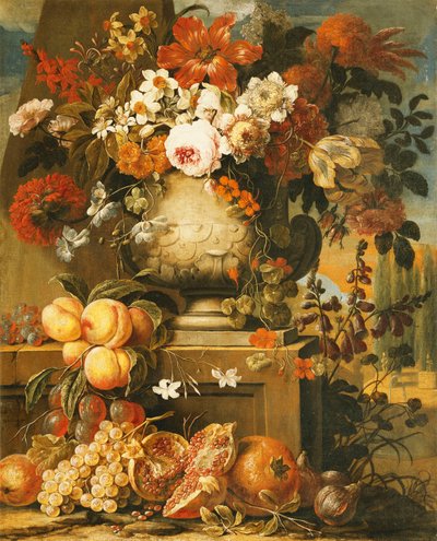 Fiori in urne su piedistalli con frutta da Gaspar Pieter II Verbruggen