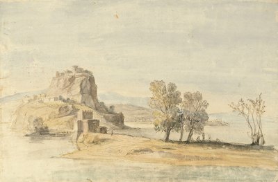 Un villaggio fortificato su un istmo (gesso nero, penna e inchiostro marrone, acquerello) da Gaspar van (1653-1736) Wittel