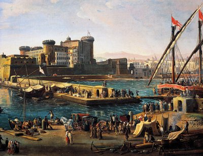 Vista di Castel Nuovo dai moli a Napoli da Gaspar van Wittel