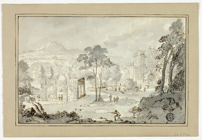 Cacciatore con cane, altre figure in paesaggio con villa, canale, piramide da Gaspar van Wittel
