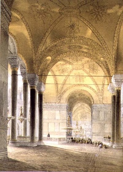 Haghia Sophia, tavola 7: ingresso alla navata, inciso da Louis Haghe, pubblicato 1852 da Gaspard (after) Fossati
