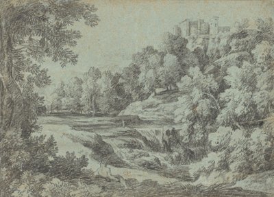 Paesaggio italiano con fortificazioni e cascata da Gaspard Dughet