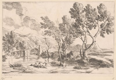 Paesaggio fluviale con ponte e pescatori da Gaspard Dughet
