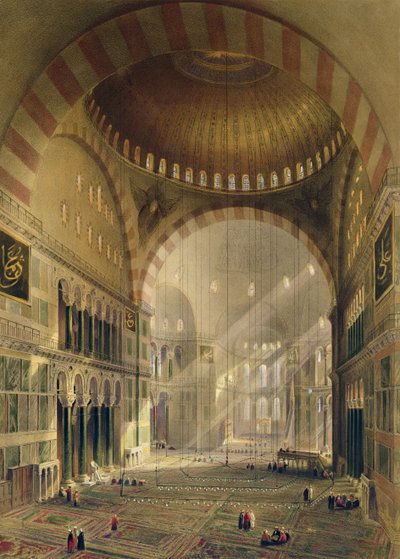 Haghia Sophia, tavola 24: interno della cupola centrale con lampadari abbassati, inciso da Louis Haghe, pubblicato nel 1852 da Gaspard Fossati