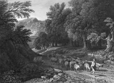 Paesaggio con pastore e gregge (incisione) da Gaspard Poussin (after) Dughet