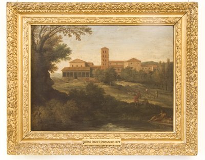 Paesaggio classico con un uomo che guida un gregge di pecore da Gaspard Poussin Dughet