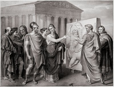 Politico ateniese Pericle (495-429 a.C.) e Aspasia sua compagna dirigono il lavoro di Fidia per il Partenone ad Atene. Incisione da un dipinto di Gaspare Landi (1756-1830). 19° secolo da Gaspare Landi