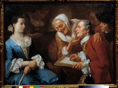 Un pittore e il suo modello, dietro di lui una vecchia allunga il collo per guardare il suo disegno. Dipinto di Gaspare Traversi (1732-1769) 1754 Sole. 0,99x0,73 m da Gaspare Traversi