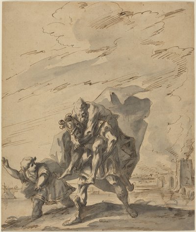 Enea che trasporta Anchise da Troia in fiamme, 1733 circa (penna e inchiostro) da Gasparo Diziani