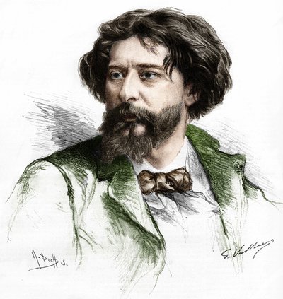 Ritratto di Alphonse Daudet (1840-1897), scrittore francese. Incisione di A. Pochy dopo Gaston Vuillier, sd. fine XIX secolo da Gaston (after) Vuillier