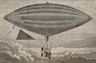 Pallone elettrico con elica, un prototipo di Gaston e Albert Tissandier, Parigi, Francia, incisione da L