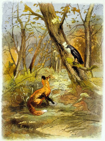 Favola di La Fontaine: La volpe e il corvo (illustrazione, c. 1900) da Gaston Gelibert