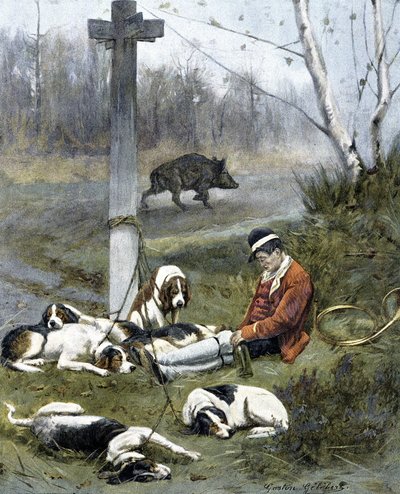 Il cacciatore e i suoi cani assonnati - incisione di Gaston Gelebert da Gaston Gelibert