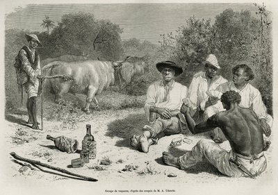 Un gruppo di vaqueros che giocano a carte e bevono alcolici, vicino alle loro mandrie di buoi, incisione dal disegno di G. Vuillier, per illustrare il racconto De Cayenne aux Andes, di Jules Crevaux, medico della marina francese, nel 1878-1879, pubblicato  da Gaston Vuillier