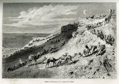 Akabah o fila di cammelli della carovana. Incisione di G.Vuillier, per illustrare la storia "pellegrinaggio al Nedjed, culla della razza araba", di Lady Anna Blunt, nel 1878-1879, pubblicata in Le tour du monde, sotto la direzione di Edouard Charton (1807- da Gaston Vuillier