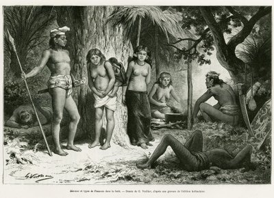 Bivacco e tipi di Lung nella foresta (incisione) da Gaston Vuillier