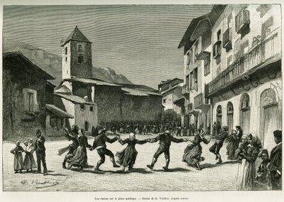 Danza nella piazza pubblica. Incisione di G.Vuillier, per illustrare il racconto La valle d