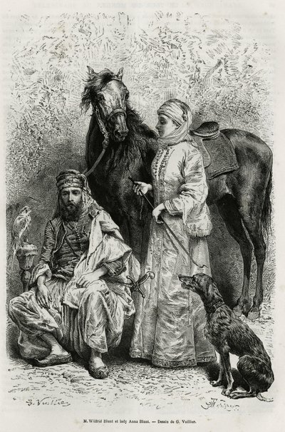 Ritratti di Mr. Wilfrid Blunt (1840-1922), poeta e scrittore, e sua moglie, Lady Anna Blunt (nata King Noel (King Noel) 1837-1917), la prima donna europea a esplorare il Medio Oriente, vestita con un abito da viaggio, davanti a uno dei cavalli arabi nelle  da Gaston Vuillier