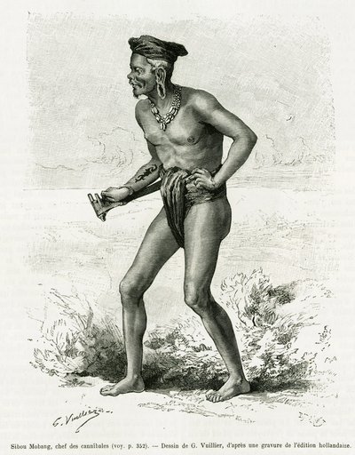 Sibou Mobang, capo dei cannibali. Incisione di G.Vuillier, per illustrare la storia De Koutei a Bandjirmasin, viaggio attraverso il Borneo, di Carl Bock, in le tour du monde 1890, diretta da Edouard Charton (1807-1890), Hachette, Parigi. da Gaston Vuillier