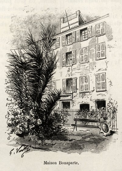 La facciata della casa Bonaparte, in cui Napoleone Bonaparte (1769-1821) non è (incisione) da Gaston Vuillier