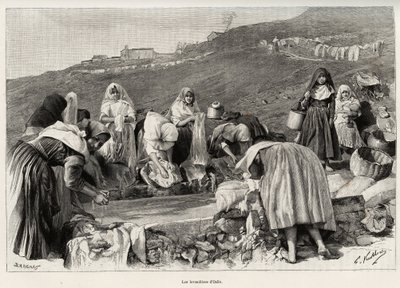 La lavandaia di Osilo (Italia), donne raccolte intorno al bacino da Gaston Vuillier