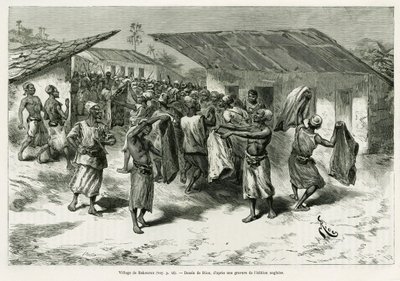 Il villaggio di Bakourou, gli indigeni ricevono doni per le negoziazioni di pace. Incisione di G.Vuillier, per illustrare la storia Dans les ténèbres de l