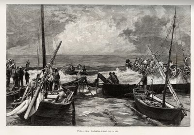 Pesca del tonno (mattanza): la camera della morte, i tonni pressati in uno spazio ristretto sono coperti dagli arpioni dei pescatori. Incisione e storia “La Sardaigne” di Gaston Vuillier (1845-1915), nel 1890, in Le tour du monde, nouveau journal des voyag da Gaston Vuillier