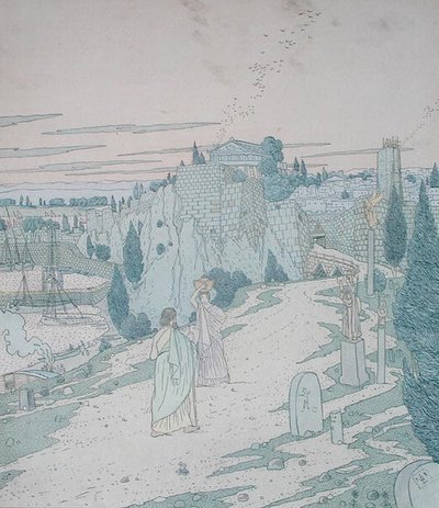 Ulisse incontra la dea Minerva travestita da ragazza con una brocca, illustrazione dal Libro 6 dell