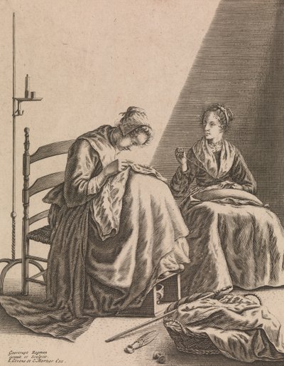 Due donne che cuciono, Tavola 1 da Cinque occupazioni femminili da Geertruydt Roghman