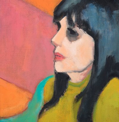 Capelli neri, maglione di lime, 2017 (olio su tavola di tela) da Genevieve French