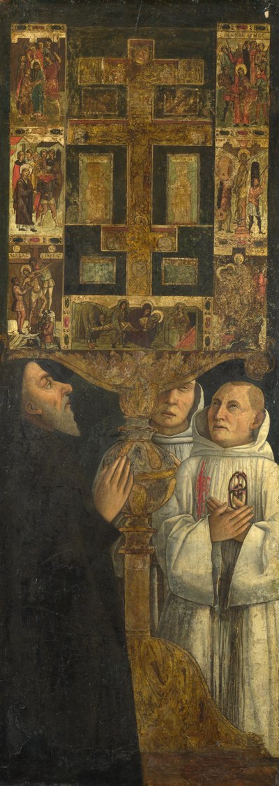 Cardinale Bessarione e due membri della Scuola della Carità in preghiera con il reliquiario di Bessarione da Gentile Bellini