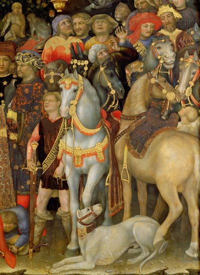 Adorazione dei Magi, dettaglio di cavalieri, cavalli e cane (dettaglio) da Gentile da Fabriano