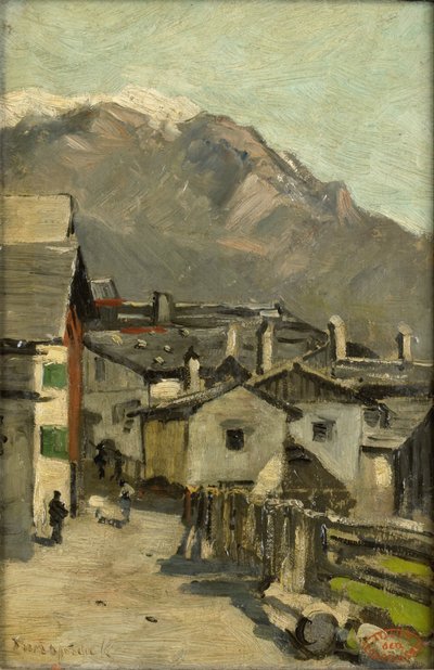Case lungo una strada vicino a una montagna (Innsbruck?) da Geo Poggenbeek