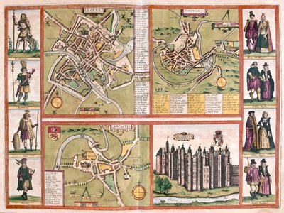 York, Shrewsbury, Lancaster e Richmond, Inghilterra - in "Civitates Orbis Terrarum" di Georg Braun, Colonia 1617 da Georg Braun