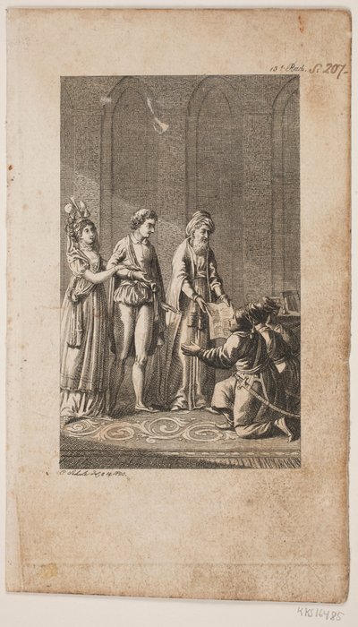 Illustrazione con una giovane coppia con un orientale e tre soldati turchi inginocchiati da Georg Christian Schule