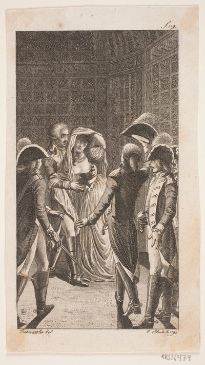 Illustrazione con cinque militari e una signora da Georg Christian Schule